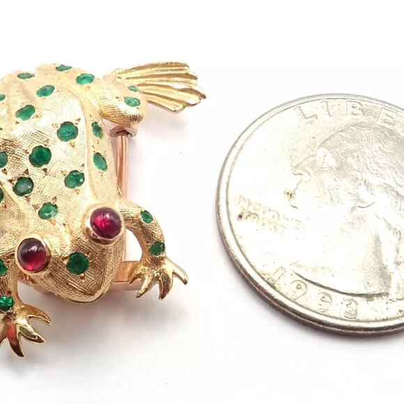 Vintage! Tiffany & Co. France 20k Yellow Gold Ruby Emerald Frog Pin Brooch - Picture 11 of 11